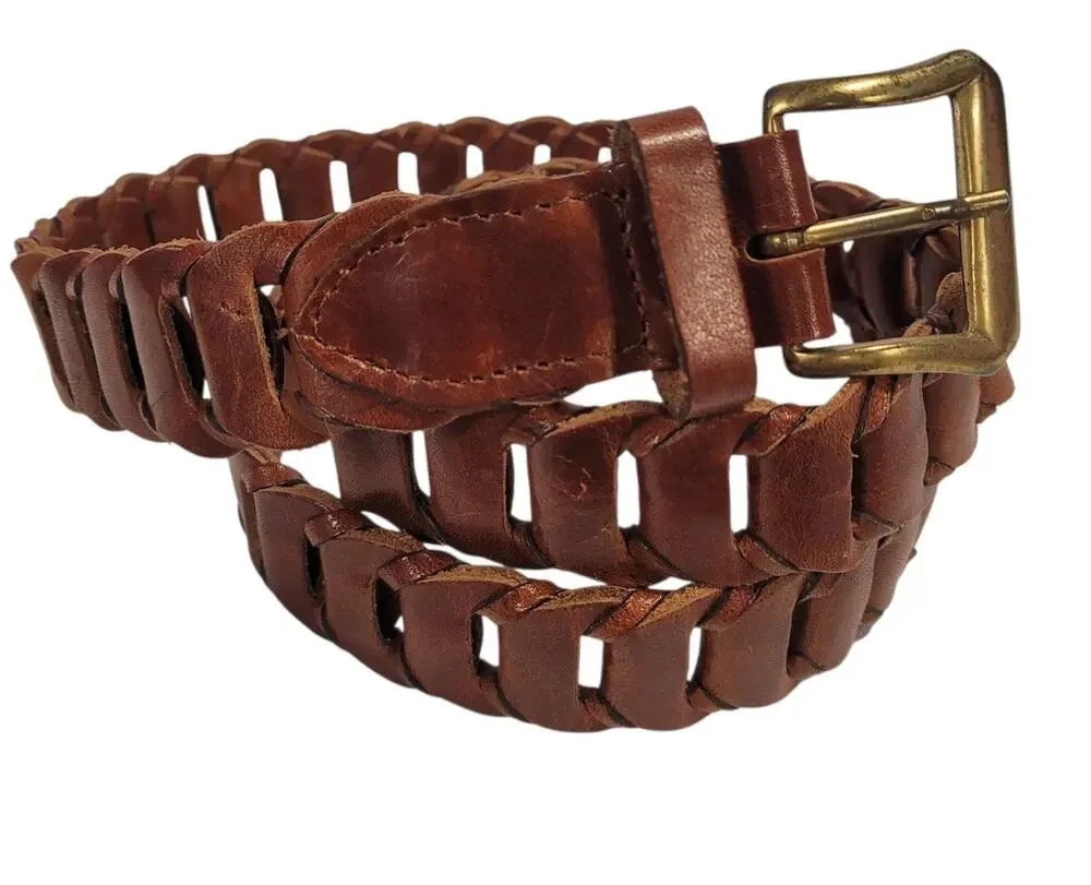 Woven Brown Leather WMS Belt SZ 34 Max Boho Western Adjustable Vintage